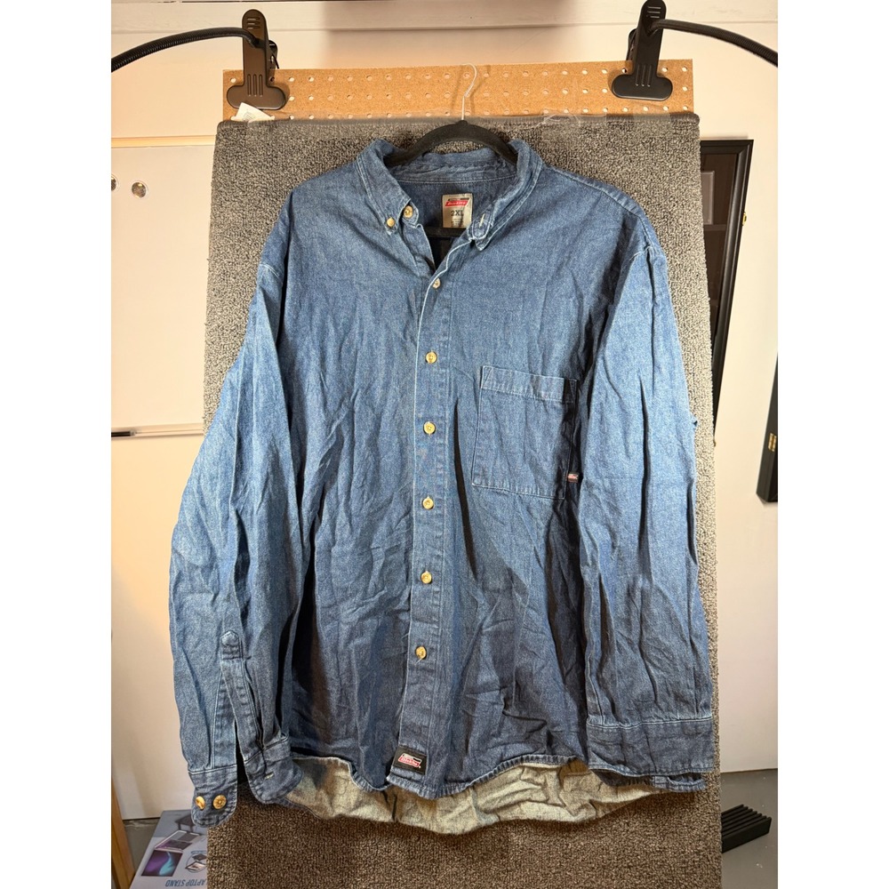 Dickies Denim Button Down Shirt Mens 2XL Blue Long Sleeve Workwear Cotton